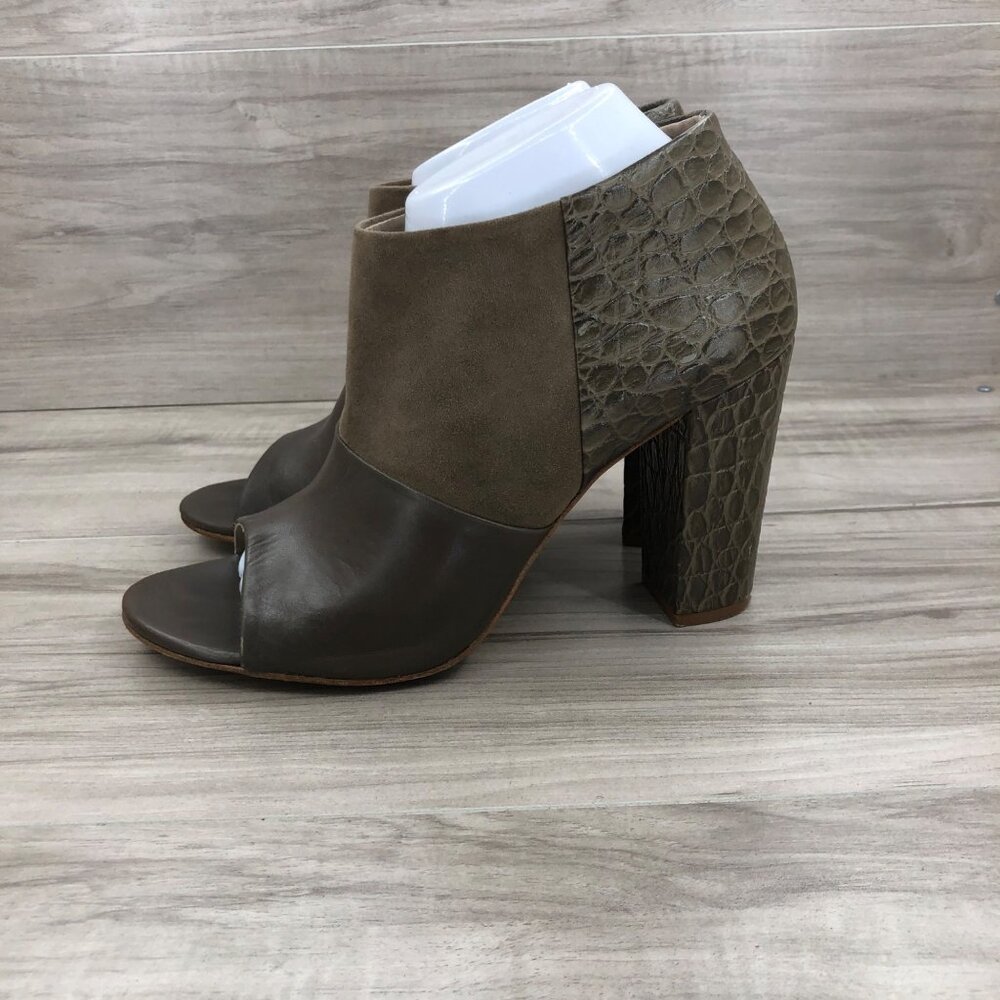 Trina Turk Booties Womens 9.5 M Taupe Leather Suede Open Toe Heeled Boot